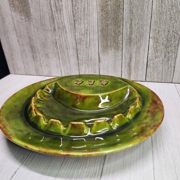 Vtg Glazed Green Two Toned Ceramic Ashtray with 11 Slots German Gothic Markings - Picture 5 of 10
